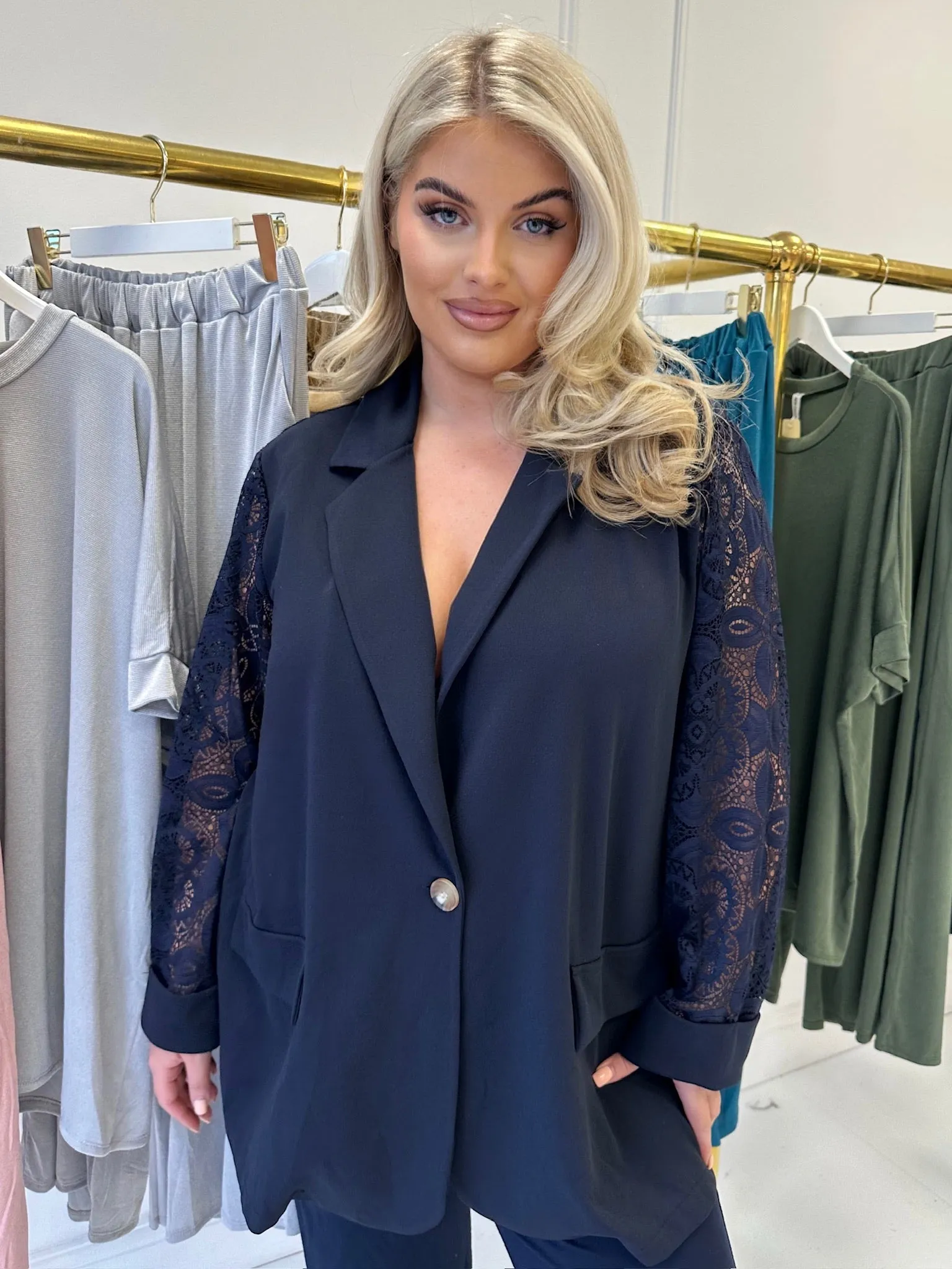 Alexandra Navy Blue Full Lace Back Lightweight Blazer