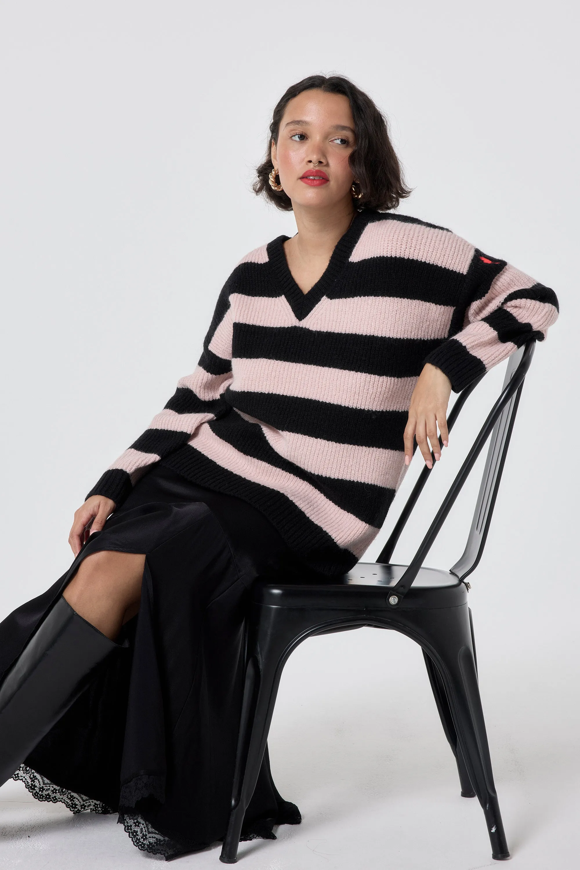 Black and Blush Pink Stripe V Neck Knit Jumper