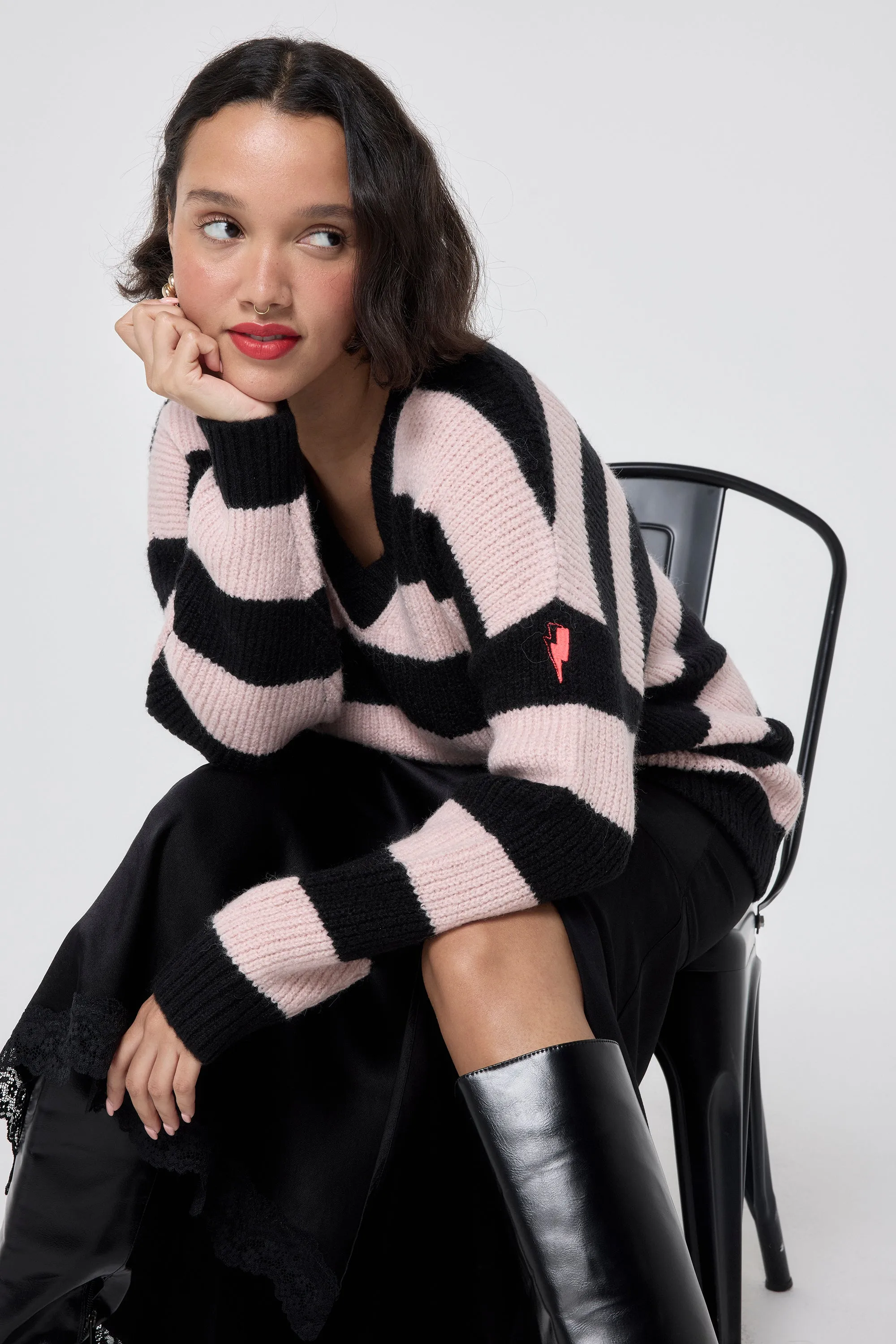 Black and Blush Pink Stripe V Neck Knit Jumper
