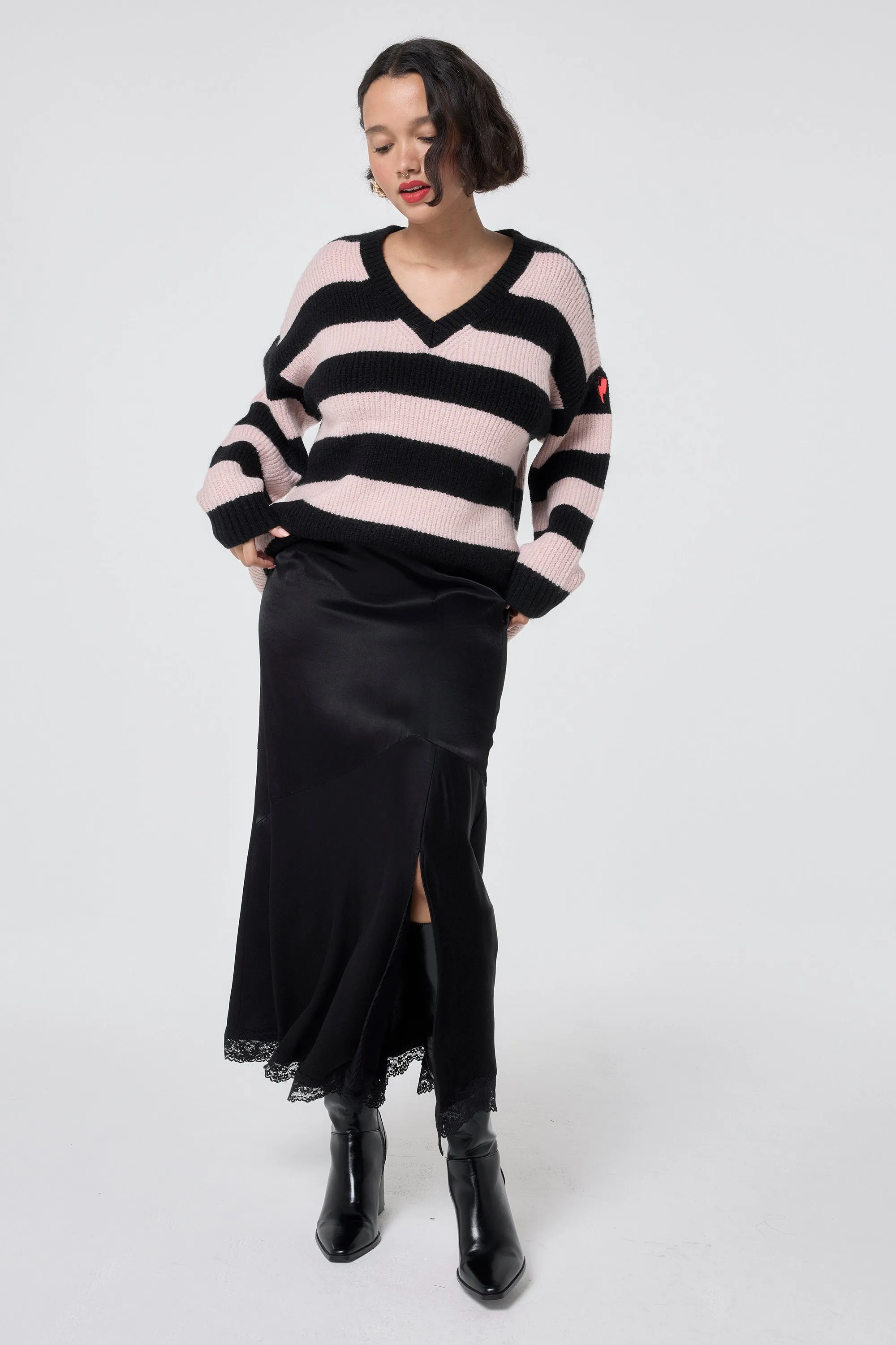 Black and Blush Pink Stripe V Neck Knit Jumper