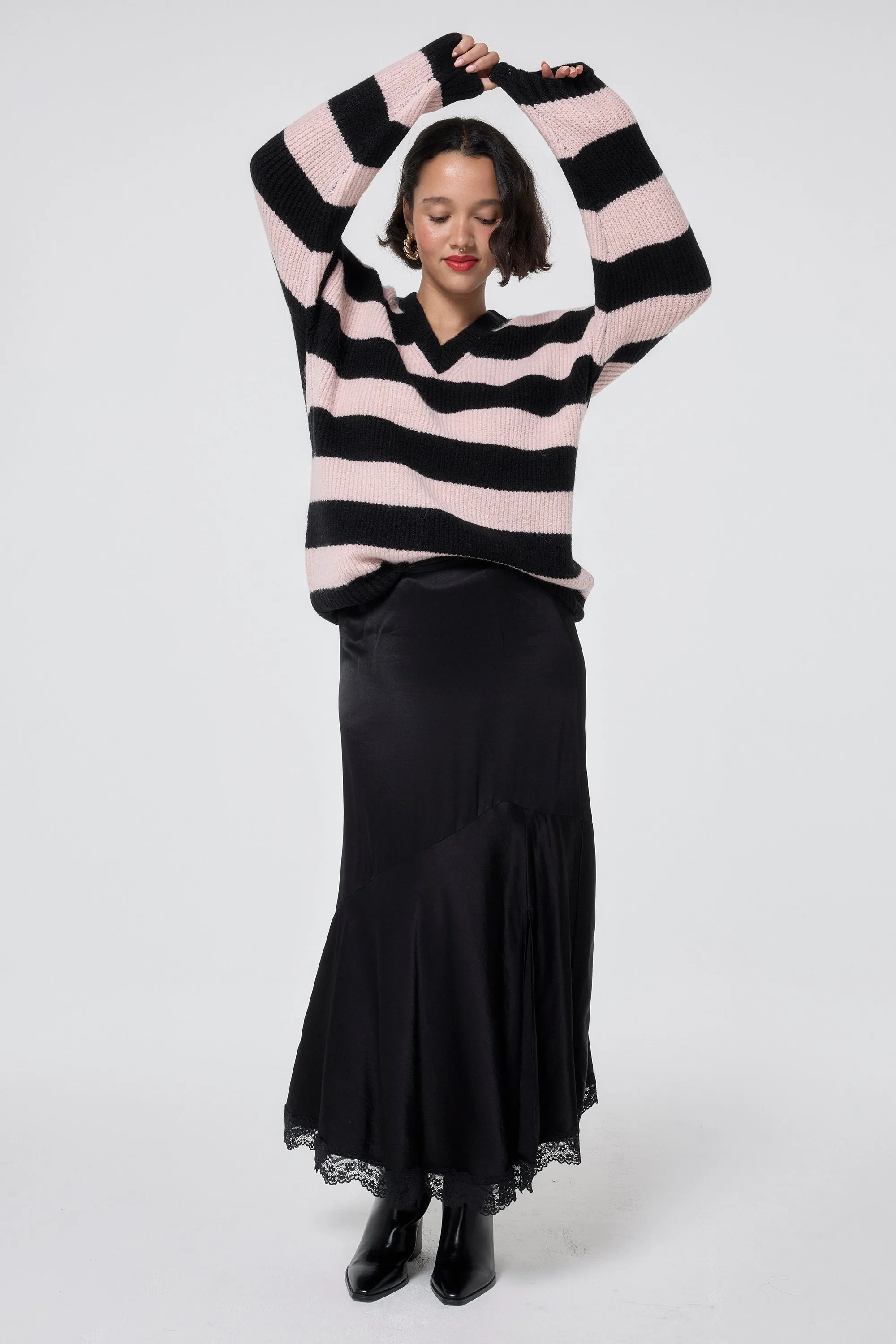 Black and Blush Pink Stripe V Neck Knit Jumper