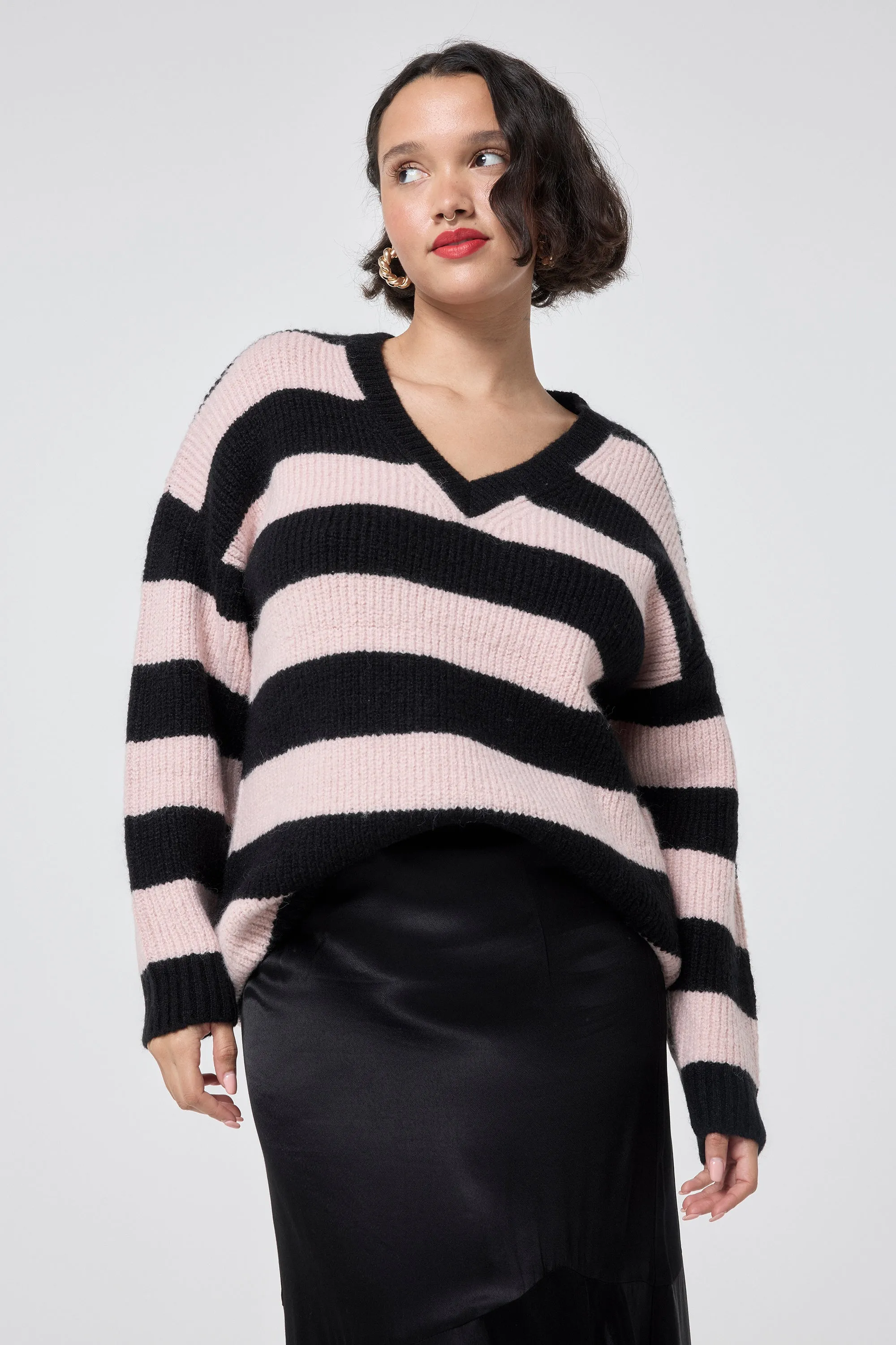 Black and Blush Pink Stripe V Neck Knit Jumper