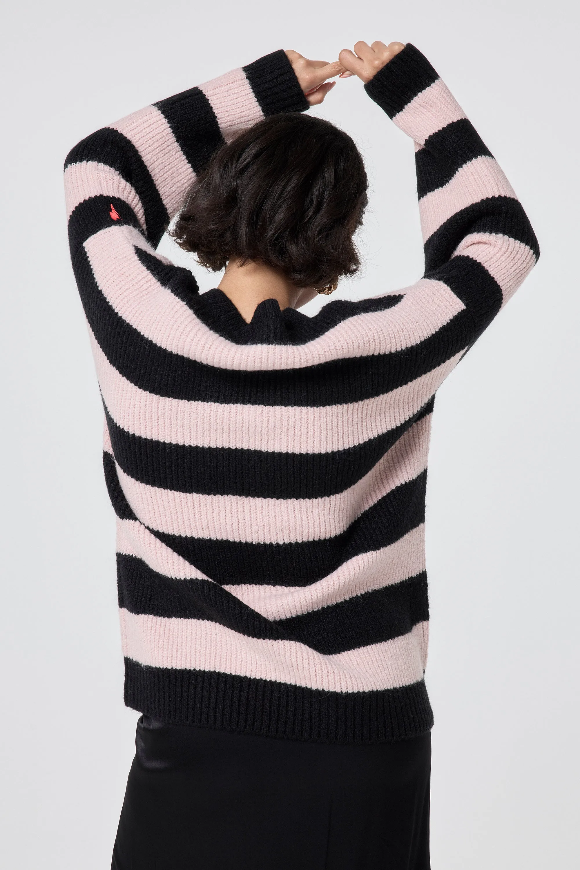 Black and Blush Pink Stripe V Neck Knit Jumper