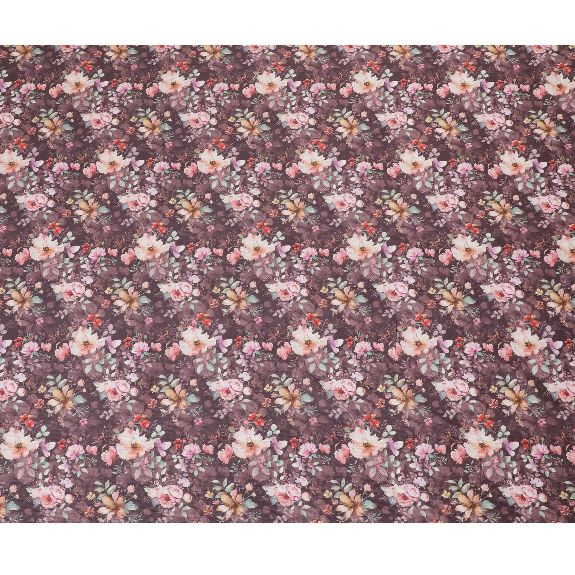 Brown cotton satin fabric with multicolor print in floral design-D16779