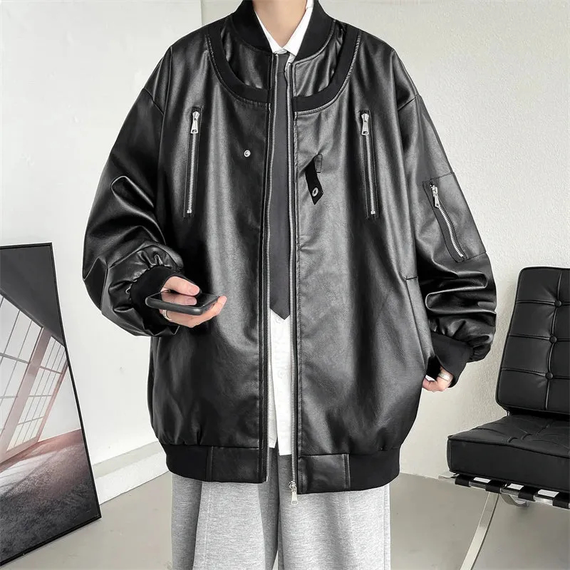 Chicmy-Luxury Two-collar Black Pu Leather Jacket Men Spring Autumn Zipper Casual Jackets Mens Oversized Chic Coats Fashion Streetwear