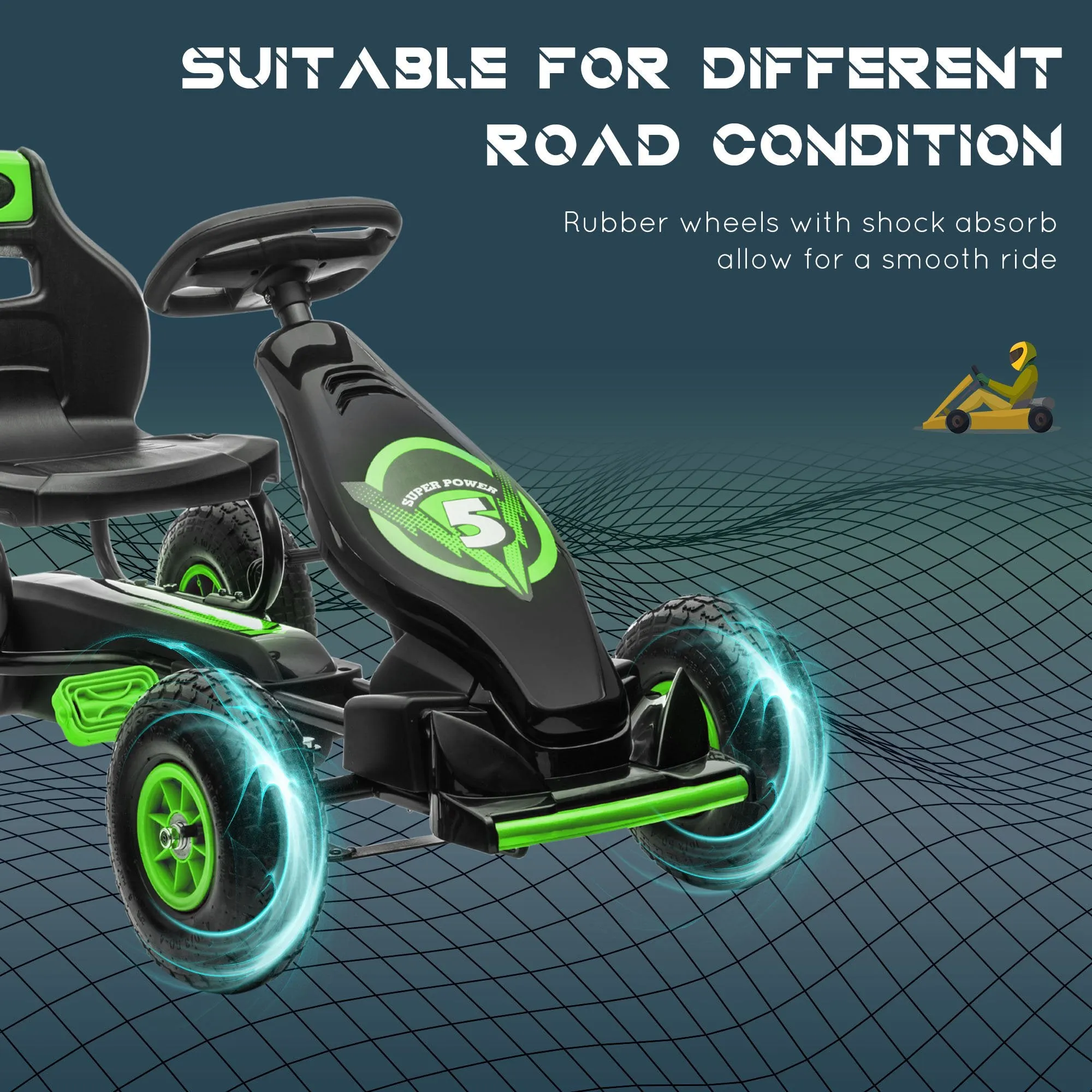 Children Pedal Go Kart, Racing Go Cart with Adjustable Seat, Inflatable Tyres, Shock Absorb, Handbrake, for Boys and Girls Ages 5-12, Green