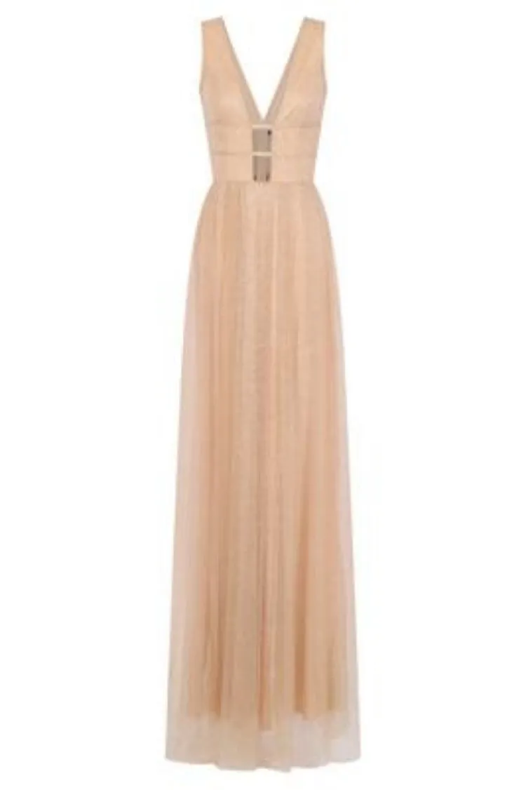 Hart Nude Gold Mesh Sparkle Plunge Maxi Gown Dress