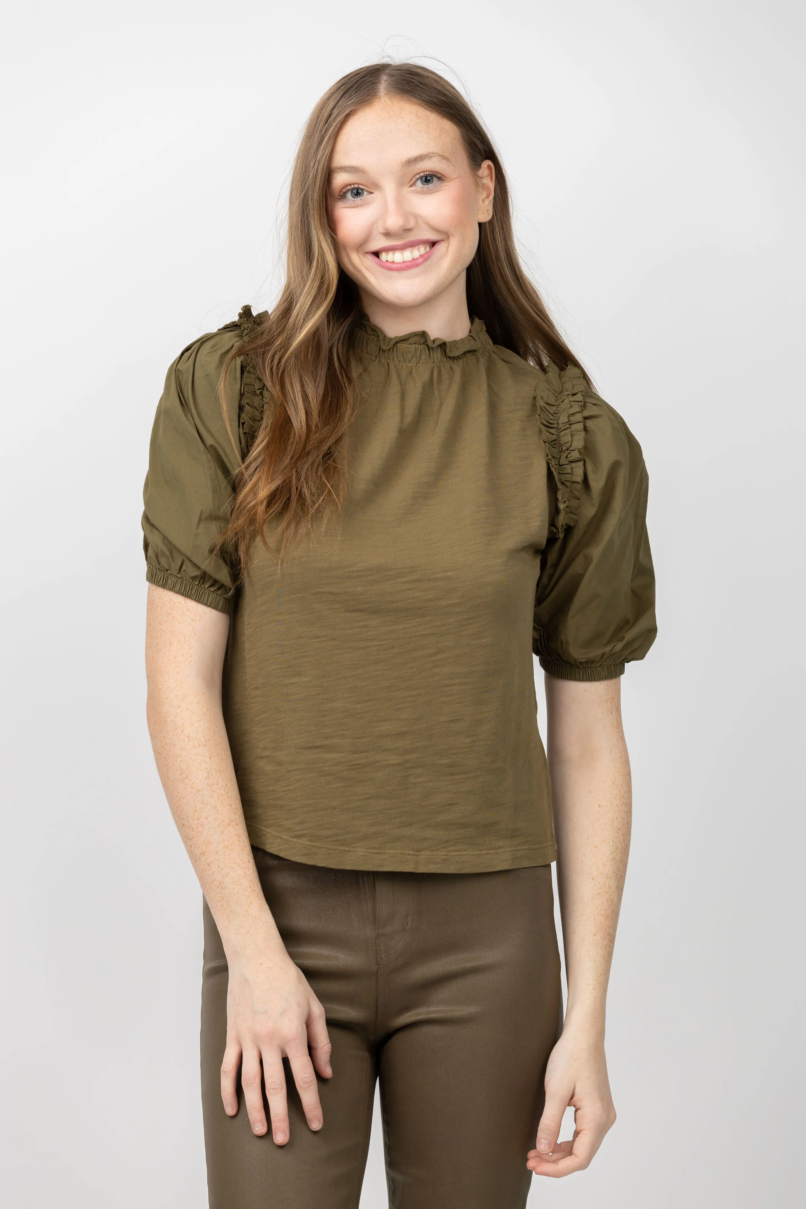 NATION LTD Roya Ruched Neck Top in Capers