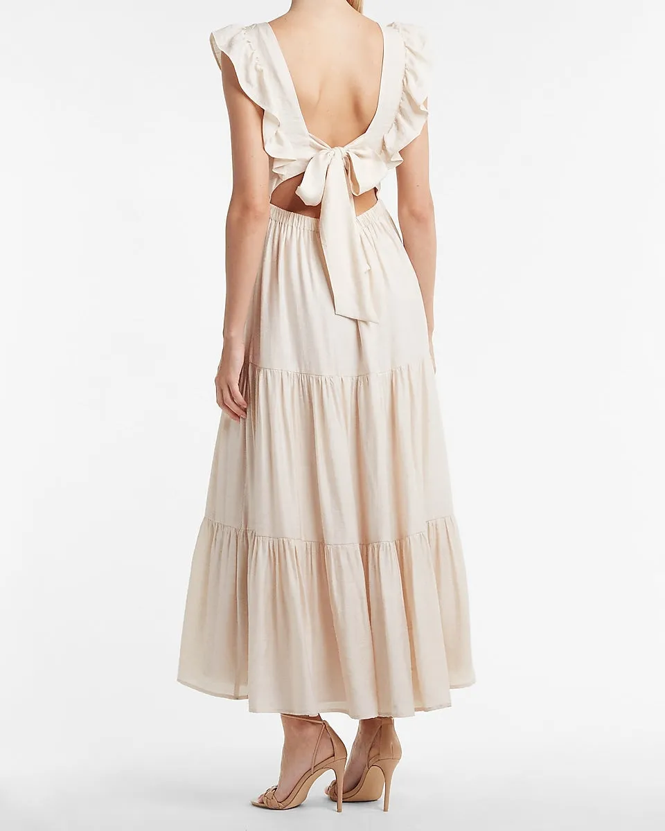 Tiered Ruffle Cut-Out Back Maxi Dress in Sandshell