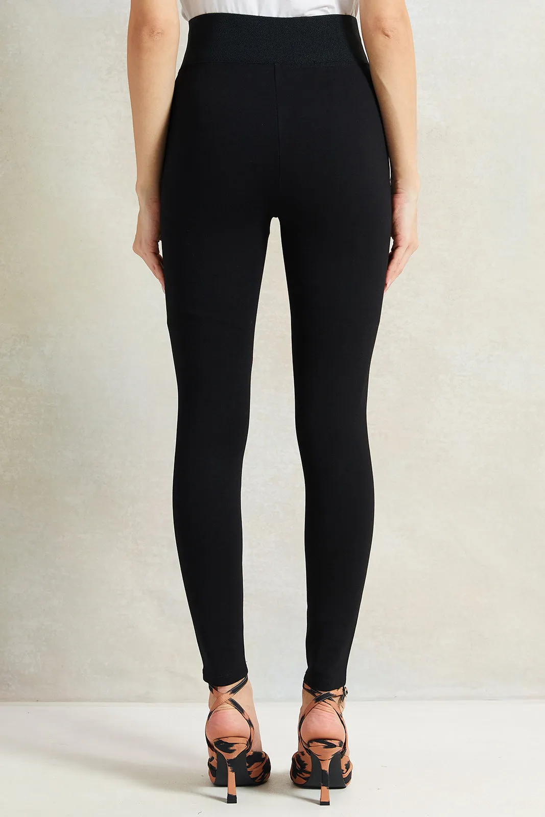 Women Black Front Pleat Leggings