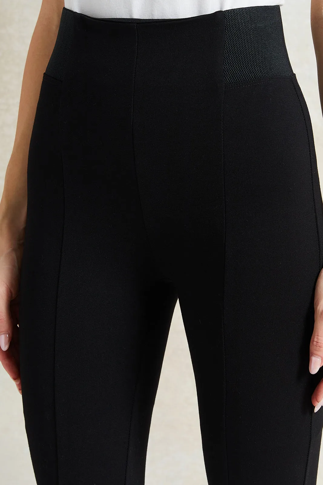 Women Black Front Pleat Leggings