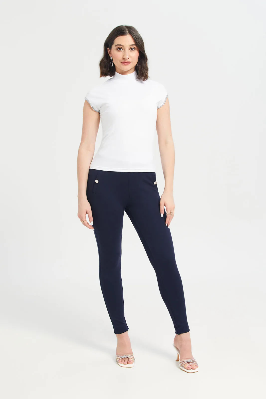 Women Navy Double Pocket Button Leggings