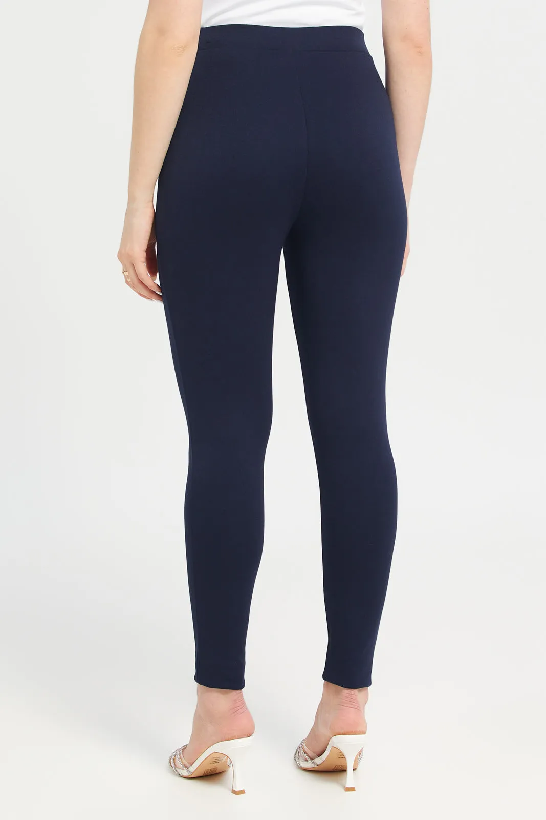 Women Navy Double Pocket Button Leggings