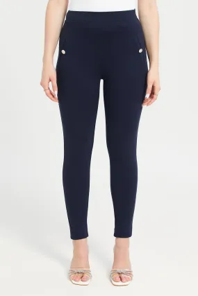 Women Navy Double Pocket Button Leggings