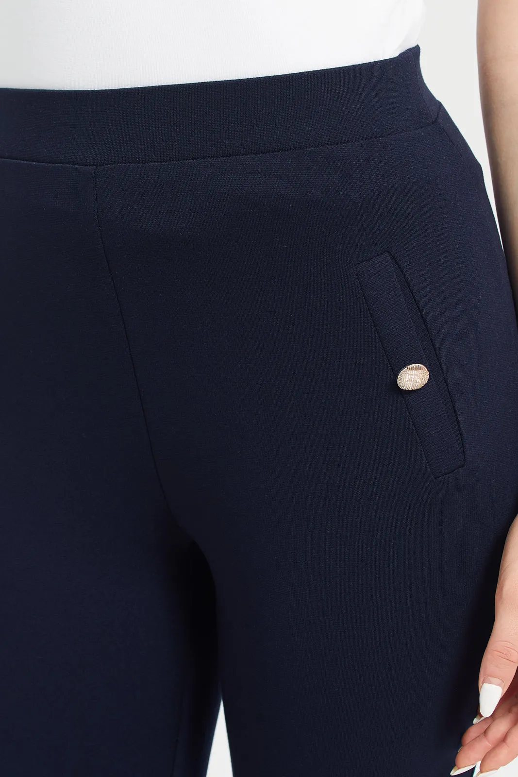 Women Navy Double Pocket Button Leggings