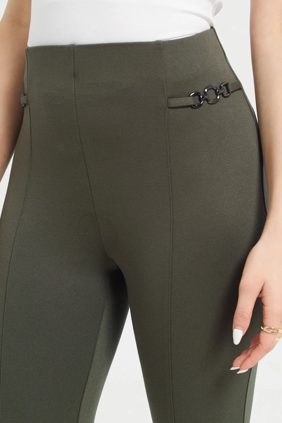 Women Olive Side Detailed Chain Leggings