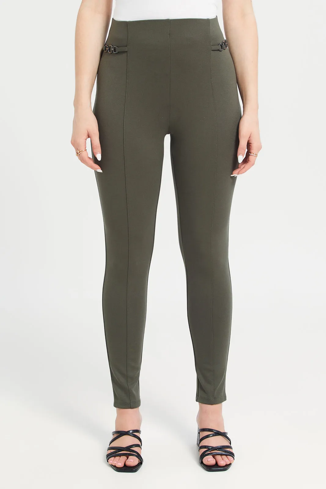 Women Olive Side Detailed Chain Leggings