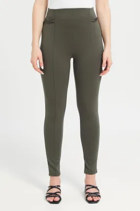Women Olive Side Detailed Chain Leggings