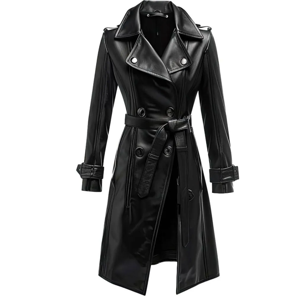 Women’s Classic Black Genuine Sheepskin Knee Length Trench Leather Coat